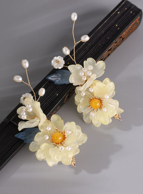 温文尔雅黄色花朵发夹中国风高颜值汉服旗袍配饰百搭边夹侧边女