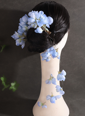 蓝色仿真花汉服发饰套装