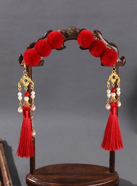 新中式新年糖葫芦可爱红色流苏毛球发夹古风汉服新年发饰对夹配饰