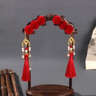 新中式新年糖葫芦可爱红色流苏毛球发夹古风汉服新年发饰对夹配饰