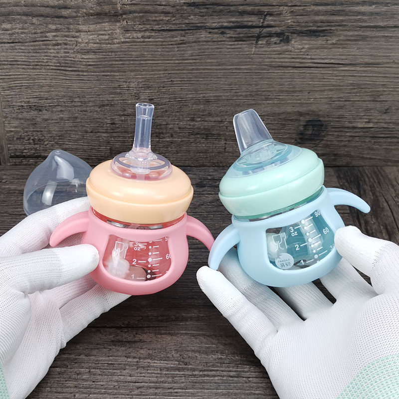 婴儿食品级玻璃奶瓶宽口径90ml宝宝学饮杯带手柄含吸管训练喝水