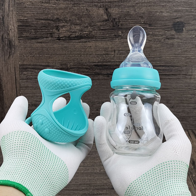 婴儿150ml耐高温玻璃奶瓶勺子一体式新生儿喂水 带手柄重力球吸管