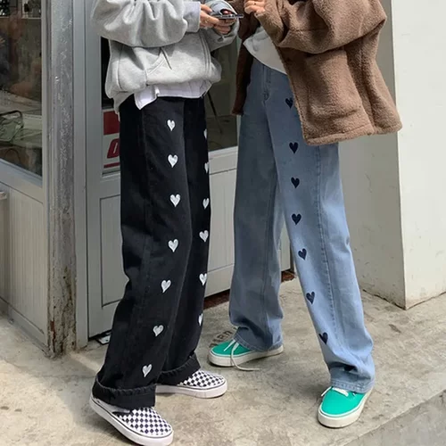 长裤阔腿裤直筒网红刺绣春秋牛仔裤高腰新款爱心显瘦潮宽松百搭女