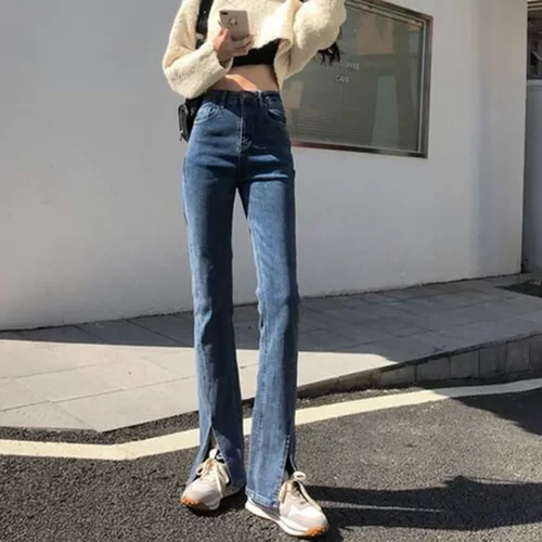 阔腿牛仔裤女微喇黑色高腰开叉喇叭裤子分叉2025年拖地裤新款春秋