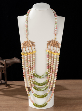 原创 水染玻璃珠仿玉多层璎珞 重工小清新绿色战国袍古风项链