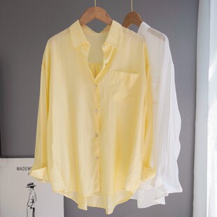 高端女装夏季薄款天丝鹅黄色衬衫女休闲宽松衬衣夏季外套