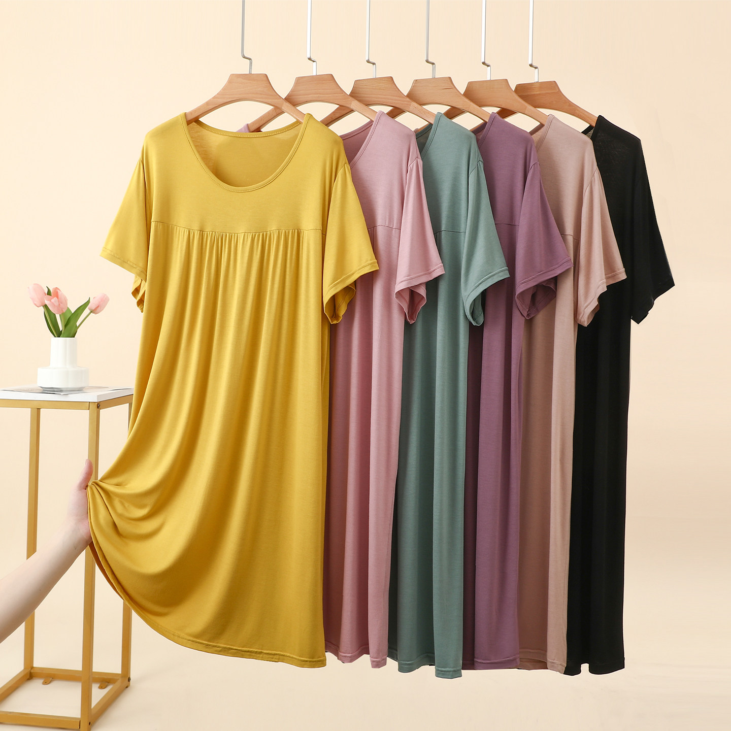 莫代尔宽松a字裙女夏薄款连衣裙显瘦百褶裙睡裙家居服中长款睡衣