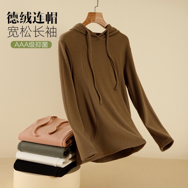 女士秋冬德绒长袖T恤双面绒连帽卫衣加绒加厚内搭打底衫保暖上衣