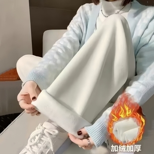 长裤 秋冬新款 针织加绒保暖慵懒休闲裤 女高腰垂感阔腿裤 灰色糯米裤