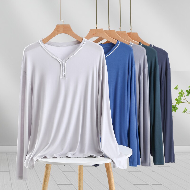 男士莫代尔V领家居长袖T恤衫宽松大码薄款春夏打底透气纽扣上衣