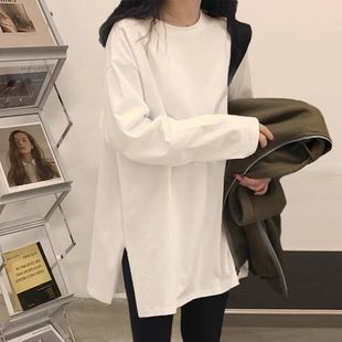 秋冬白色纯棉中长款 加绒加厚内搭T恤遮屁股德绒女上衣 开叉打底衫