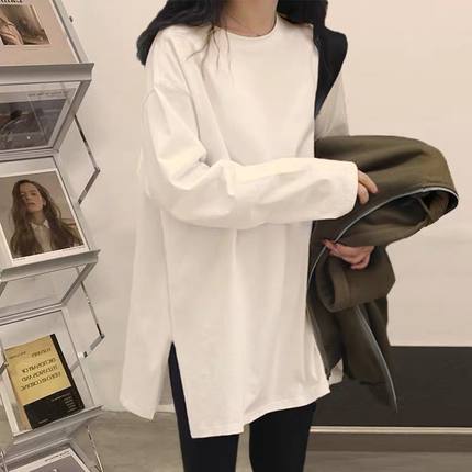 秋冬白色纯棉中长款开叉打底衫加绒加厚内搭T恤遮屁股德绒女上衣