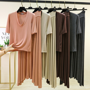 莫代尔V领短袖半身裙两件套女士夏季薄款外穿大码休闲T恤长裙套装