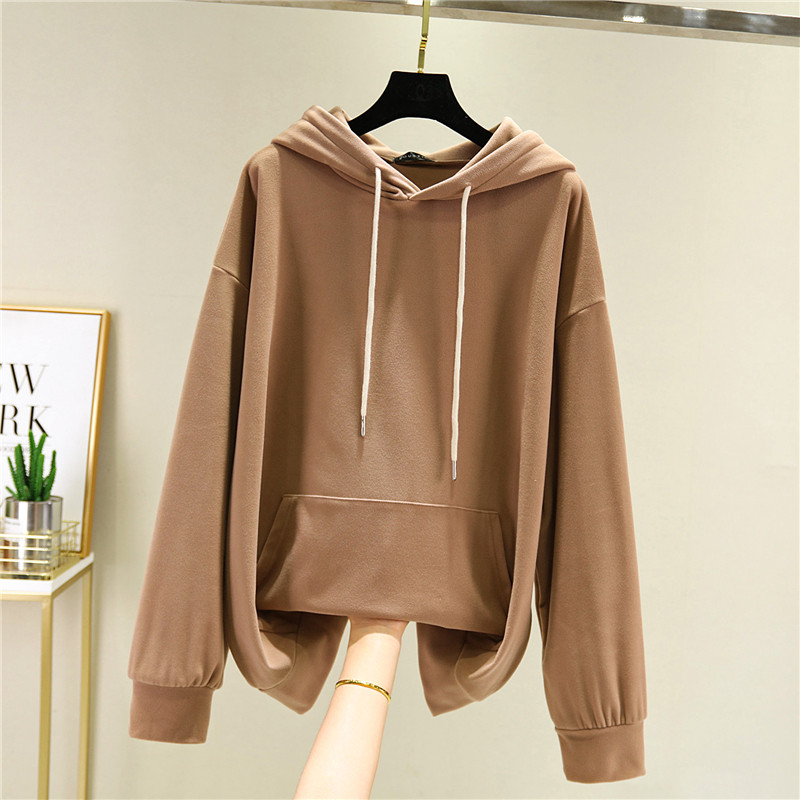 女春秋连帽口袋卫衣宽松长袖双面徳绒慵懒风T恤套头百搭纯色外套