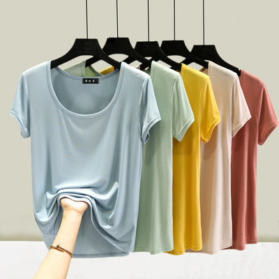 莫代尔U领短袖女夏季大码薄款内搭打底衫圆领半袖上衣纯色简约T恤