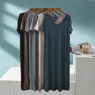 莫代尔V领短袖露背连衣裙睡裙