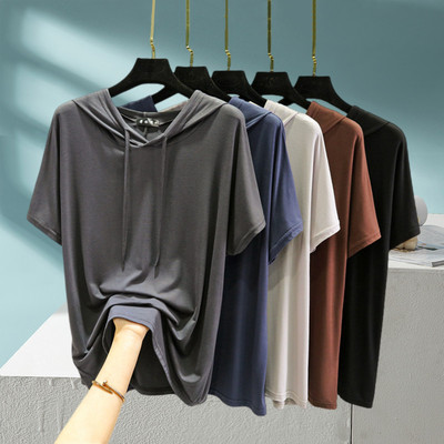 莫代尔女夏纯色薄款连帽短袖T恤