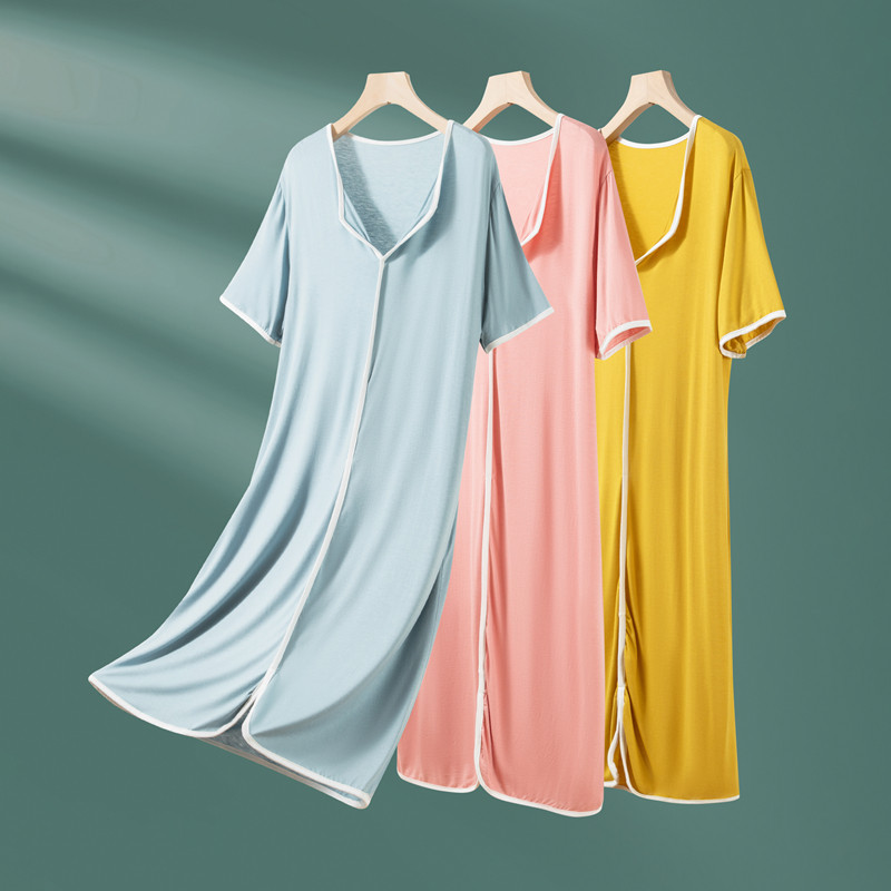 女夏季可外穿中长款睡裙睡袍短袖睡衣小翻领莫代尔家居服连衣裙