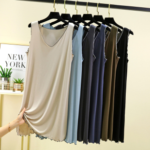 莫代尔V领薄款睡裙女夏宽松背心裙纯色木耳边家居裙可外穿连衣裙