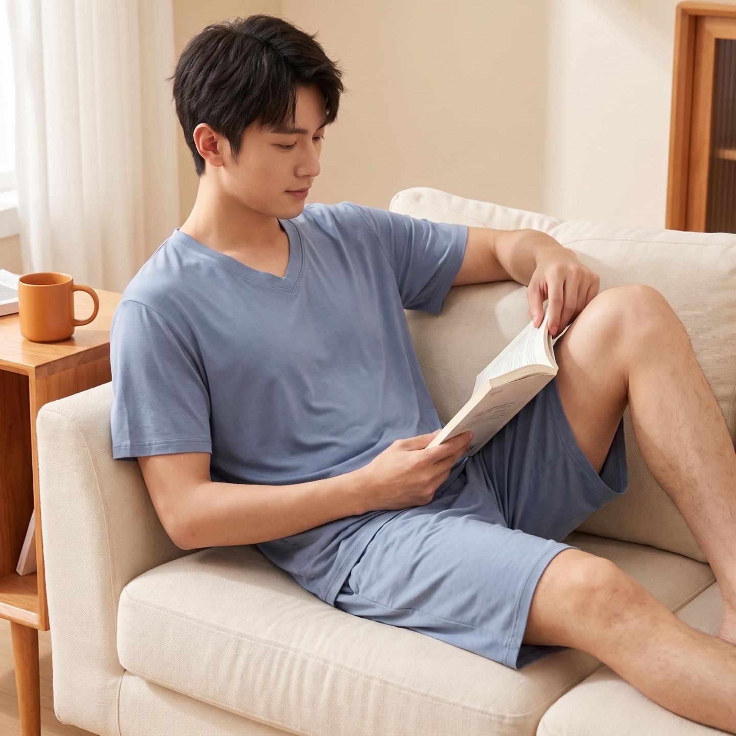 莫代尔男士短袖短裤v领家居服纯色套装夏季薄款男睡衣睡裤两件套