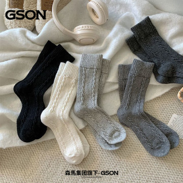 森马集团GSON5双装麻花羊毛袜加绒保暖袜子子女秋冬加厚保暖睡眠长堆堆中筒袜