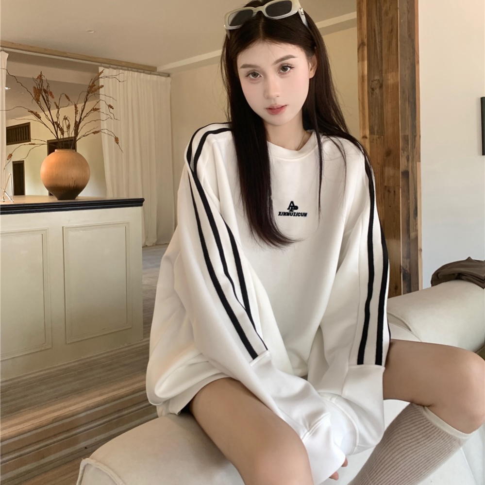 A#1128慵懒风长袖无帽圆领卫衣外套女装秋季宽松休闲中长款上衣