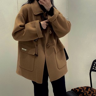 徐大可家2022秋冬新款 毛呢外套大衣牛角扣女纯色 女装 小个子中长款
