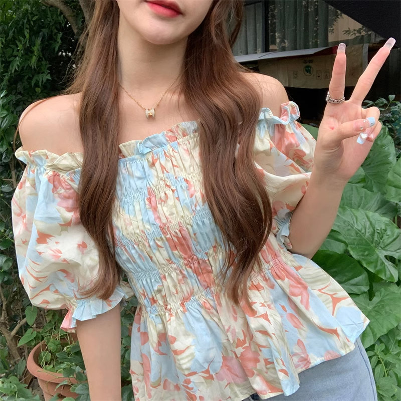 統一價！夏季顯瘦溫柔甜美一字肩法式襯衣