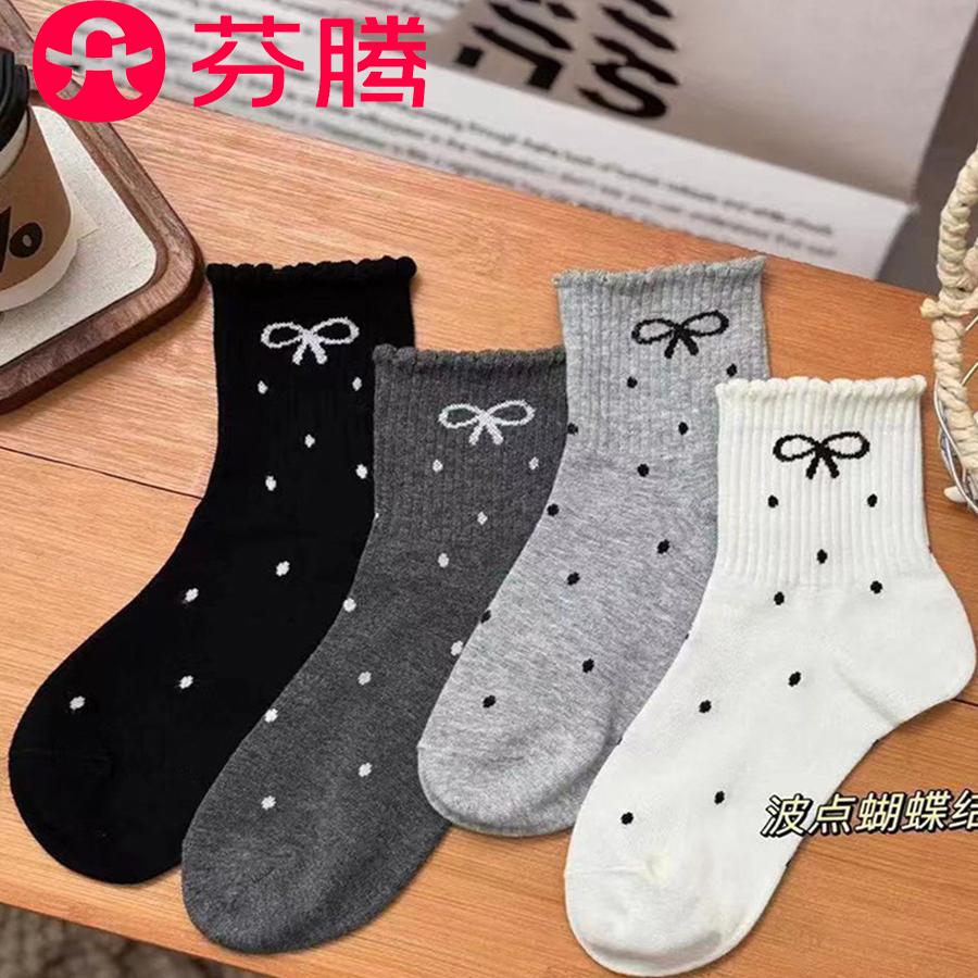 芬腾波点花边蝴蝶结秋冬新款堆堆袜学生长筒袜日系网红中筒女袜_淘宝内购会_女士内衣/男士内衣/家居服