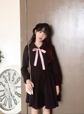 2017秋冬季打底裙新款学院风娃娃领中长款连衣裙女学生a字小黑裙