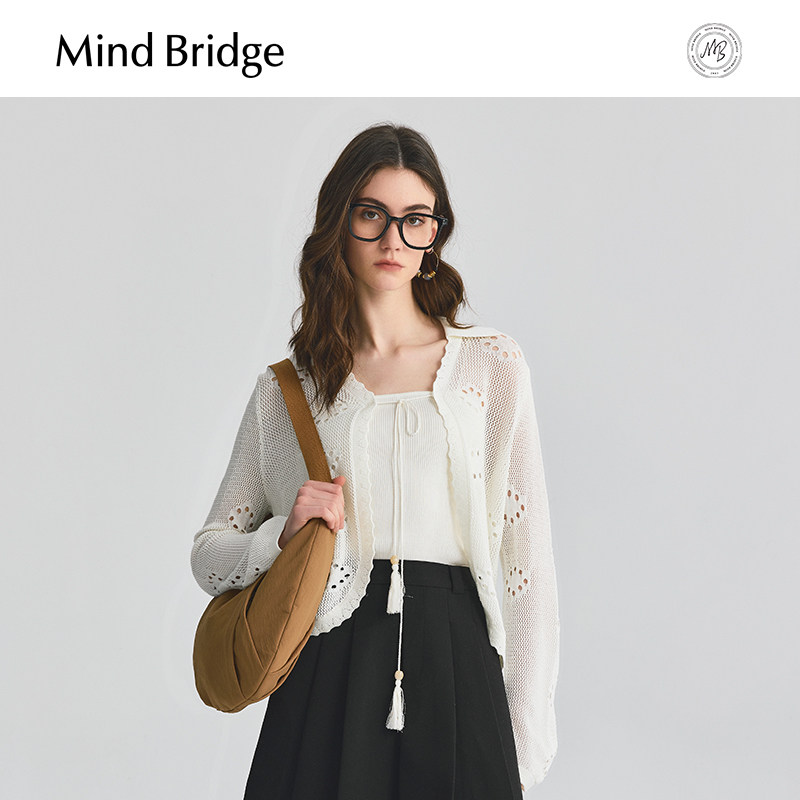 MindBridge2025年秋新款韩系镂空开衫女士翻领系带针织