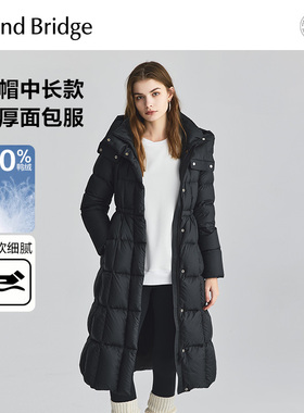MindBridge冬季黑色保暖面包服女士中长款羽绒服2025年加厚外套