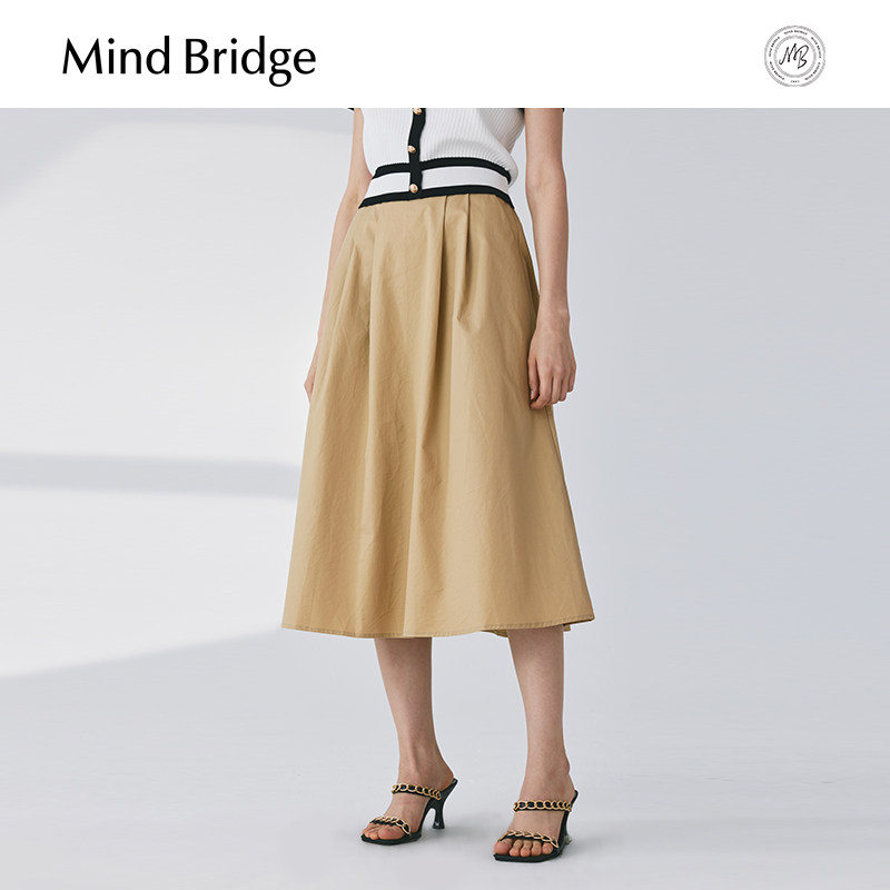 Mind Bridge女士法式复古伞裙夏季纯色高腰A字裙简约中长