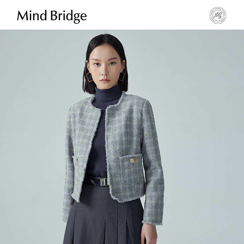 Mind Bridge小香风外套女士格雷系法式气质夹克秋季格纹圆领上衣,女装/女士精品,短外套,淘宝优惠券,粉丝福利购,淘宝优惠卷