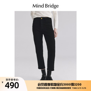 MB MindBridge百家好2023冬季女高腰加绒牛仔裤冬季黑色直筒长裤