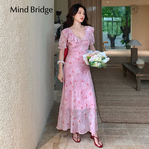 MindBridge法式V领粉色碎花裙