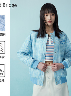 MB MindBridge小香风蓝色运动外套女秋季格纹棒球服宽松休闲上衣