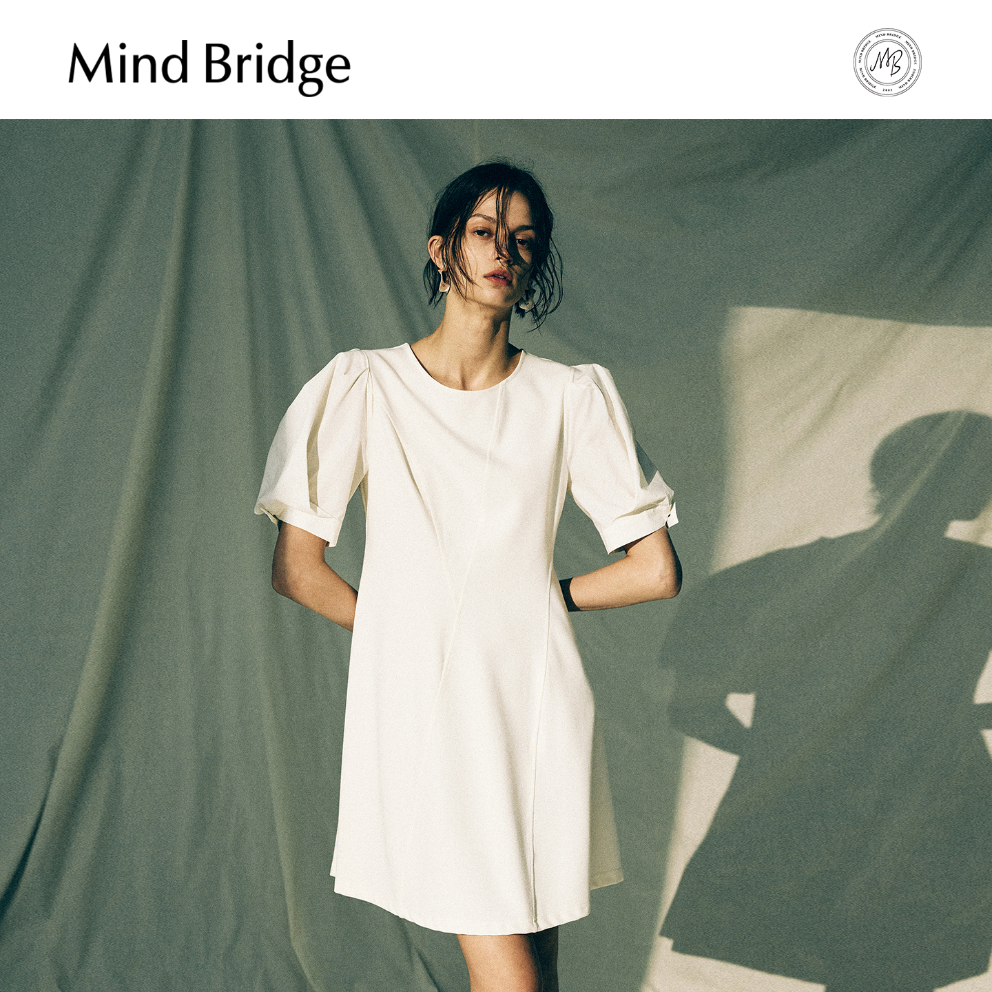 Mind Bridge圆领短袖连衣裙夏季气质A字裙女士设计感公主