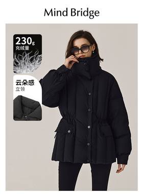MB MindBridge百家好冬季女士黑色宽松羽绒服翻领加厚外套面包服