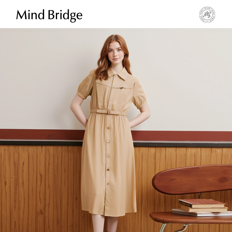 MindBridge纯色收腰衬衫裙