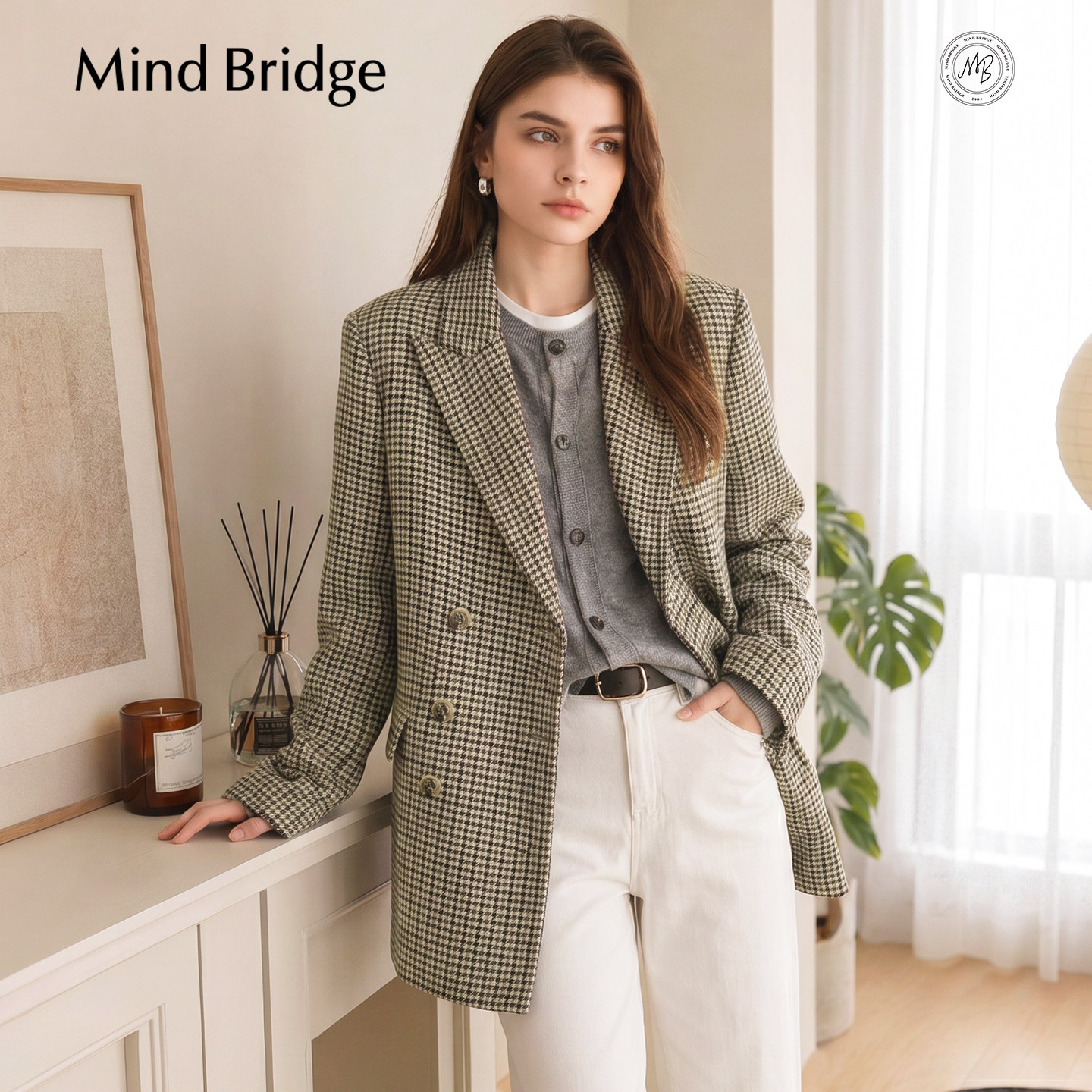 Mind Bridge女士中长款千鸟格西装外套2026秋季复古通勤休闲西服