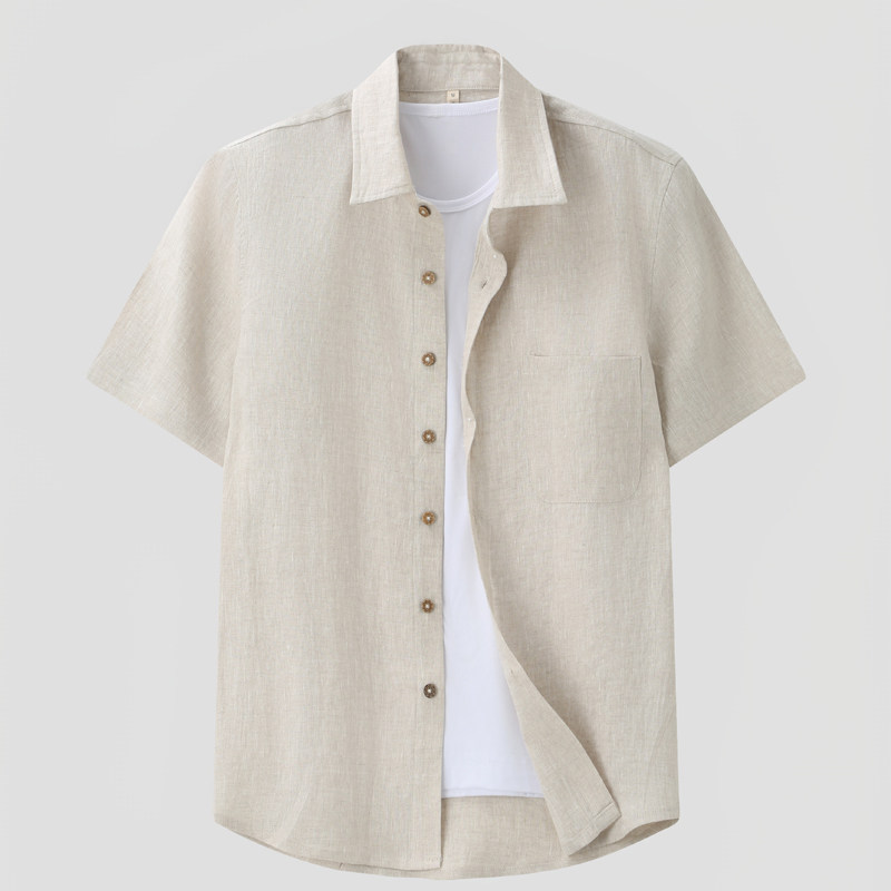中国风100%亚麻短袖翻领衬衫男夏季宽松薄款上衣复古休闲半袖体恤