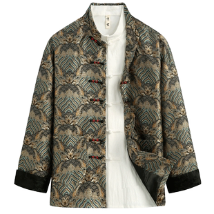 唐装男春新品中国风男装提花织锦缎海水纹国潮上衣男中式立领外套