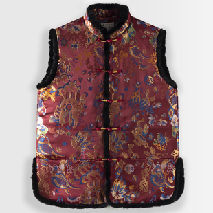 中国风唐装 龙纹织金提花立领宽松坎肩棉服男 夹棉水貂领马甲男冬季