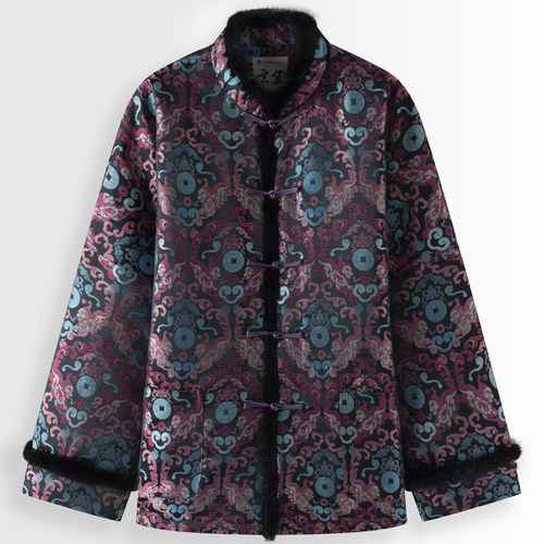 冬季宽松加厚棉服水貂领唐装男貔貅提花新中式复古盘扣棉衣上衣男