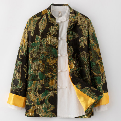 春季唐装男中国风男装复古中式改良长袖外套树叶金丝提花上衣男