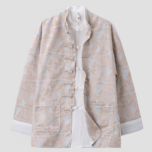 春秋季中国风男装复古唐装新中式改良手工盘扣立体提花外套男国潮