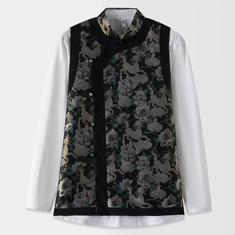 纯手工定制织金宋锦马甲玄笙