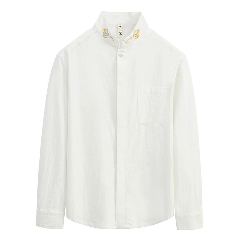 春季唐装男衬衣中式复古改良打底衫棉麻刺绣长袖衬衫男中国风男装