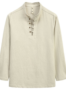 唐装男中国风男装文艺复古秋季苎麻衬衫长袖全麻上衣麻立领T恤男